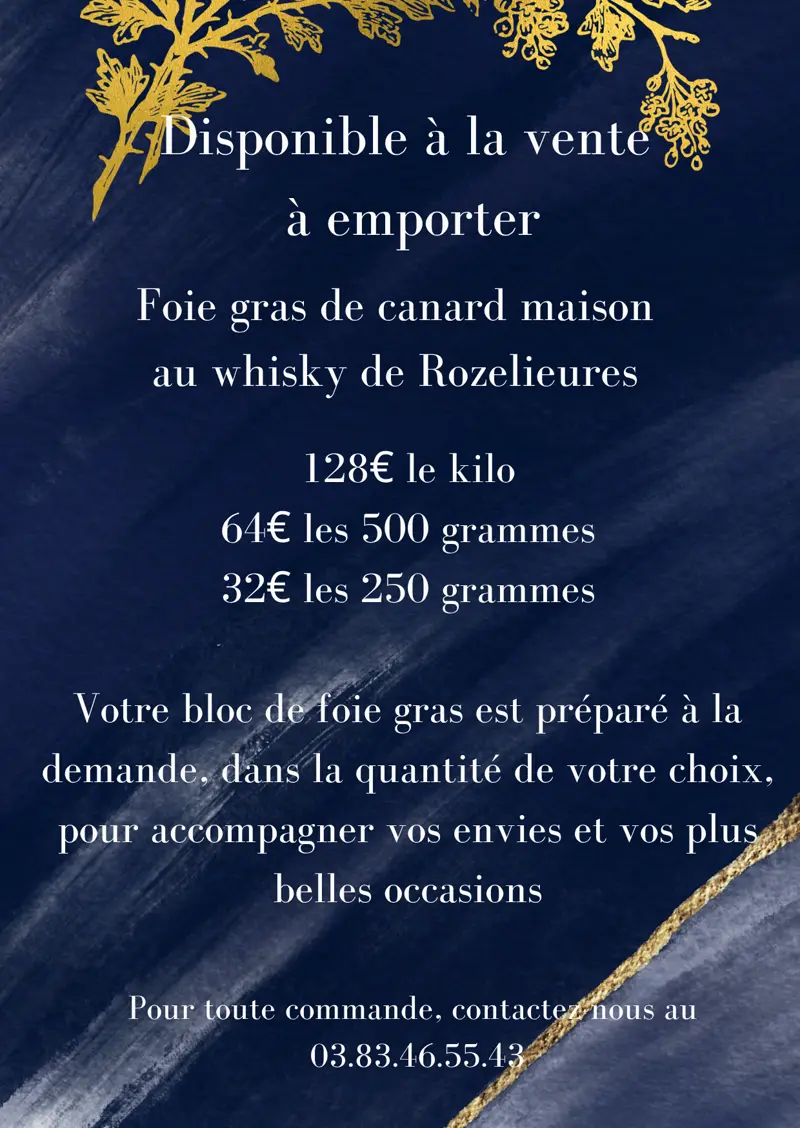 Affiche de vente à emporter du foie gras de canard maison au whisky de Rozelieures, Au Petit Gourmet