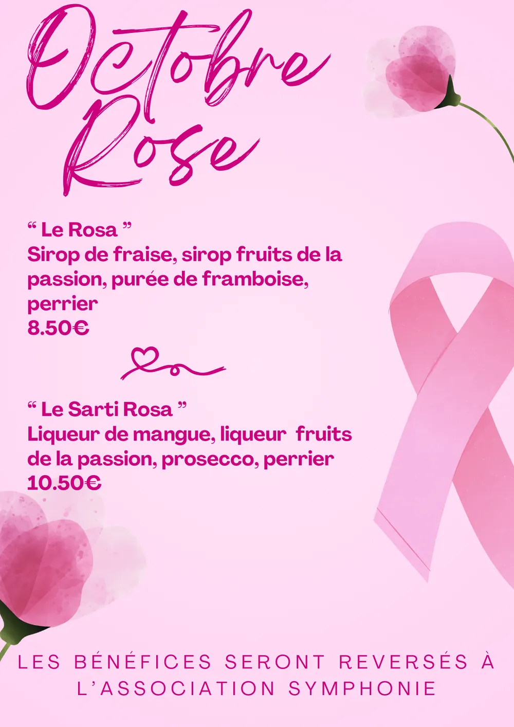 Affiche Octobre Rose du restaurant Au Petit Gourmet : cocktails Le Rosa et Le Sarti Rosa au profit de l'association Symphonie