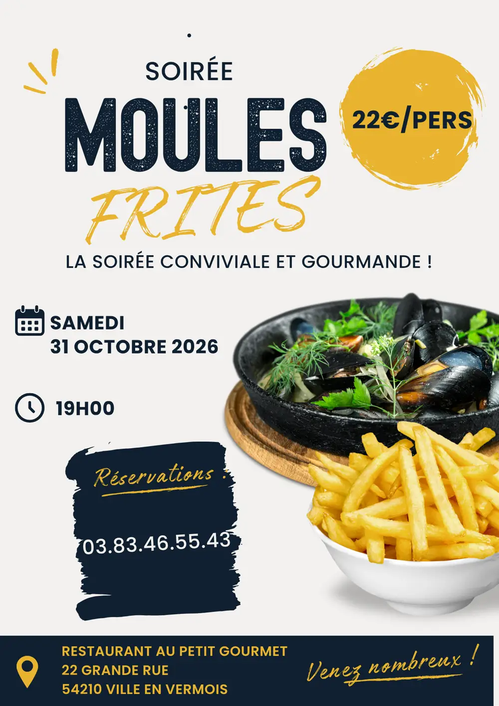 Affiche de la soirée moules-frites du samedi 31 octobre 2026 au restaurant Au Petit Gourmet