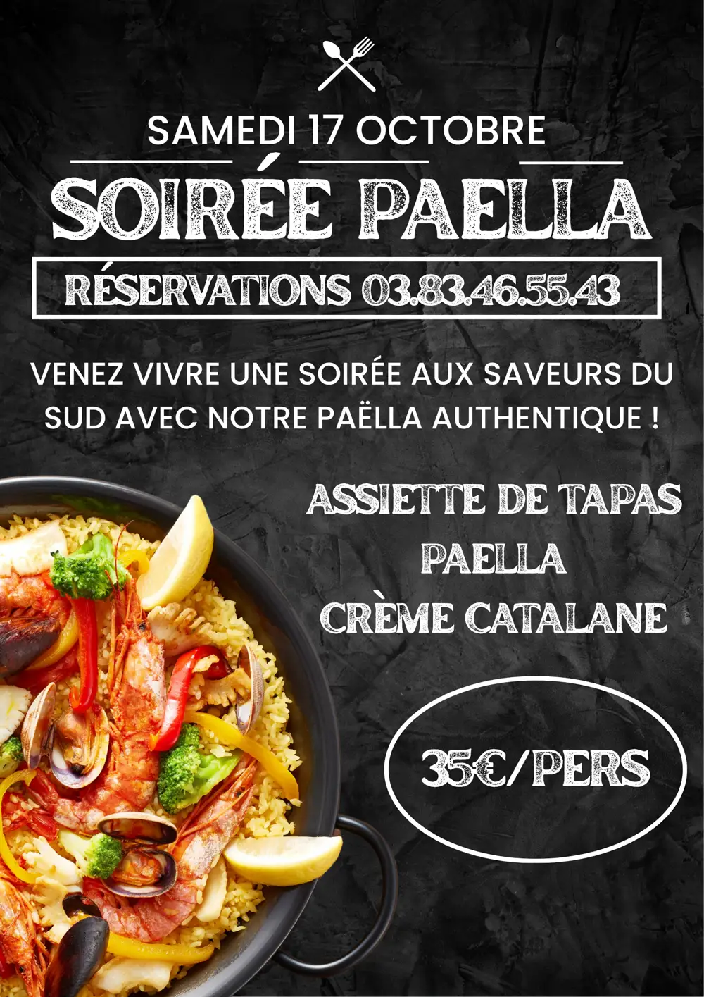 Affiche de la soirée paella du samedi 17 octobre au restaurant Au Petit Gourmet