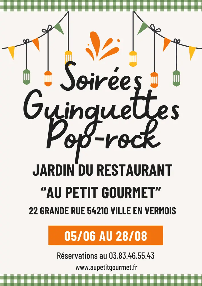 Affiche des soirées guinguettes pop-rock au restaurant Au Petit Gourmet, du 5 juin au 28 août 2026